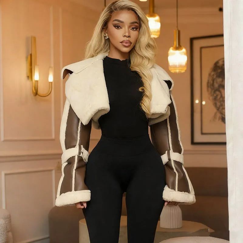 PU leather patchwork crop top with fur collar, long sleeves, in black, brown, military green, or khaki