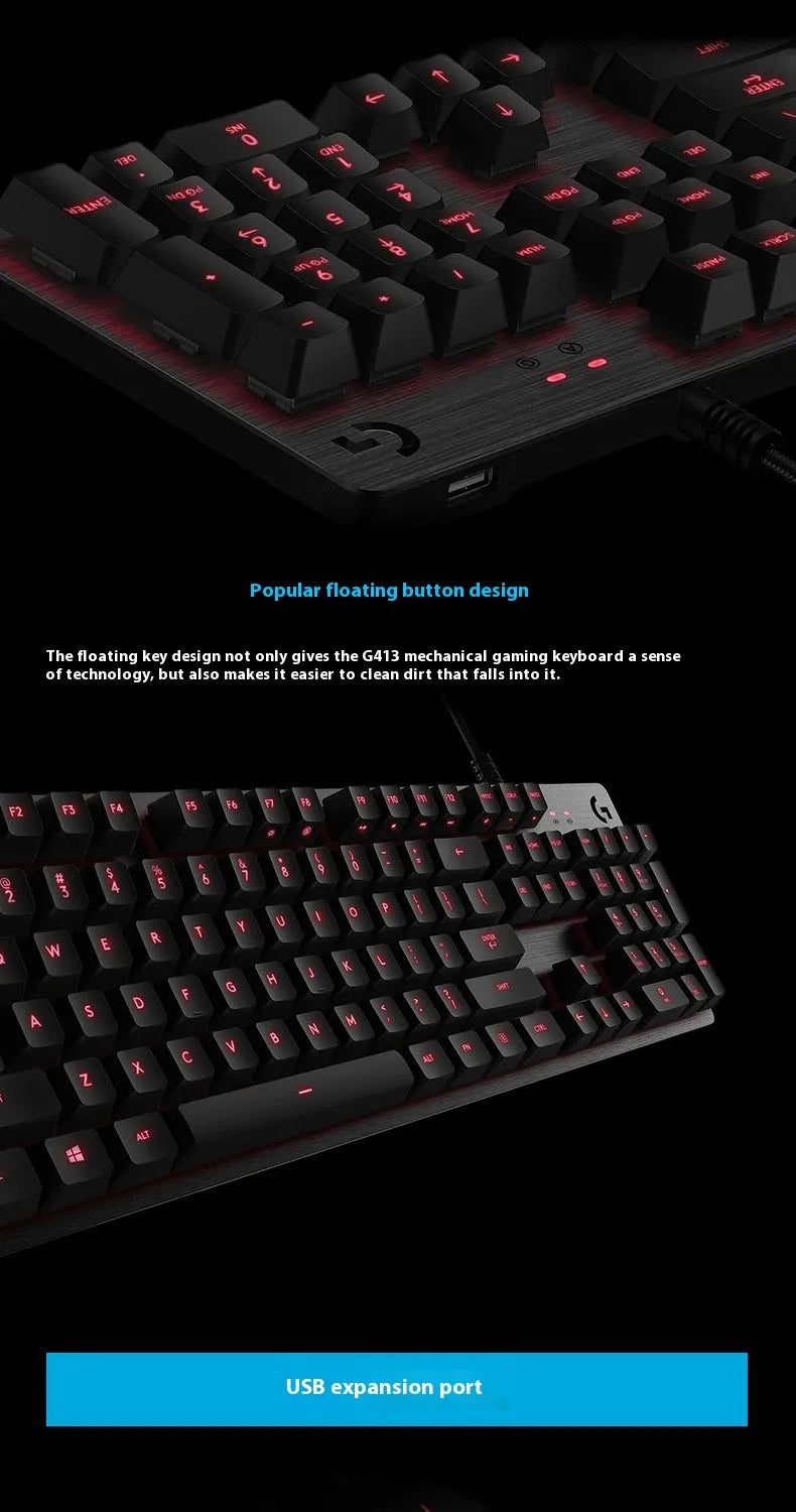 G413 104-key mechanical keyboard with metal panel and backlight, USB wired, in black red light or silver white light
