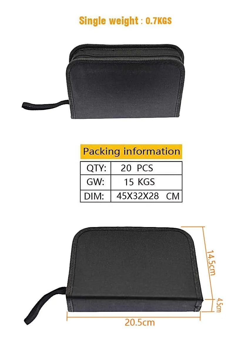 43-piece tyre repair kit in cloth bag with 45 steel case measuring 32x20x5cm