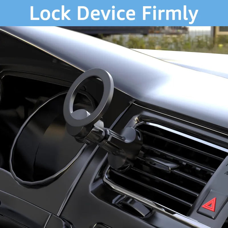Black magnetic car air vent phone holder with O-ring bracket attached to a car vent.