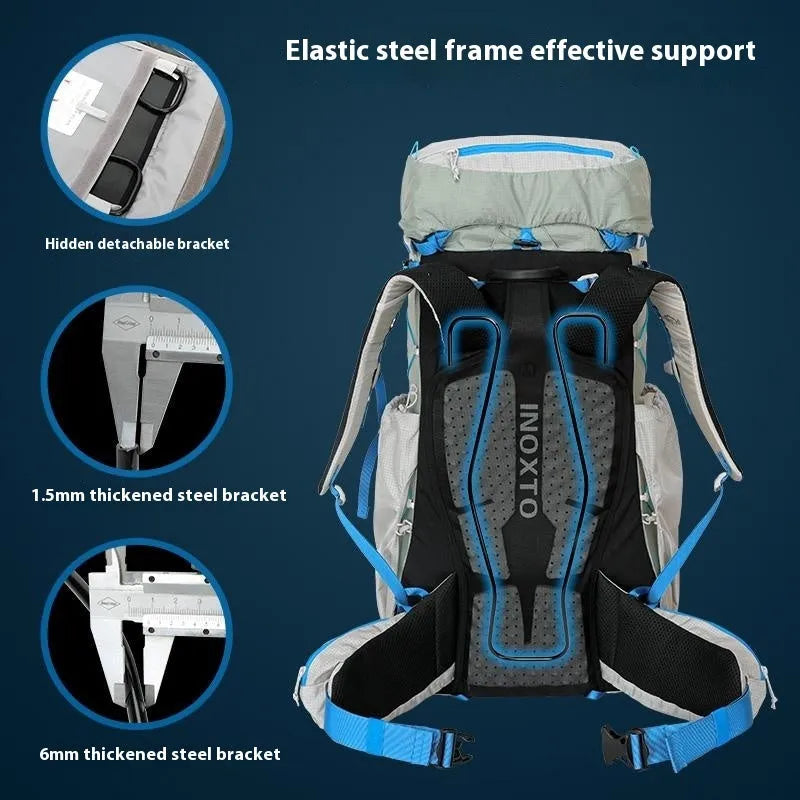 Large capacity hiking backpack in plum colour, polyester material, with optional water bag, outdoor use