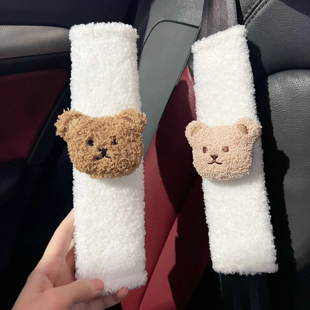 Cartoon bear plush seat belt cover for baby car seats showing khaki and coffee colour options