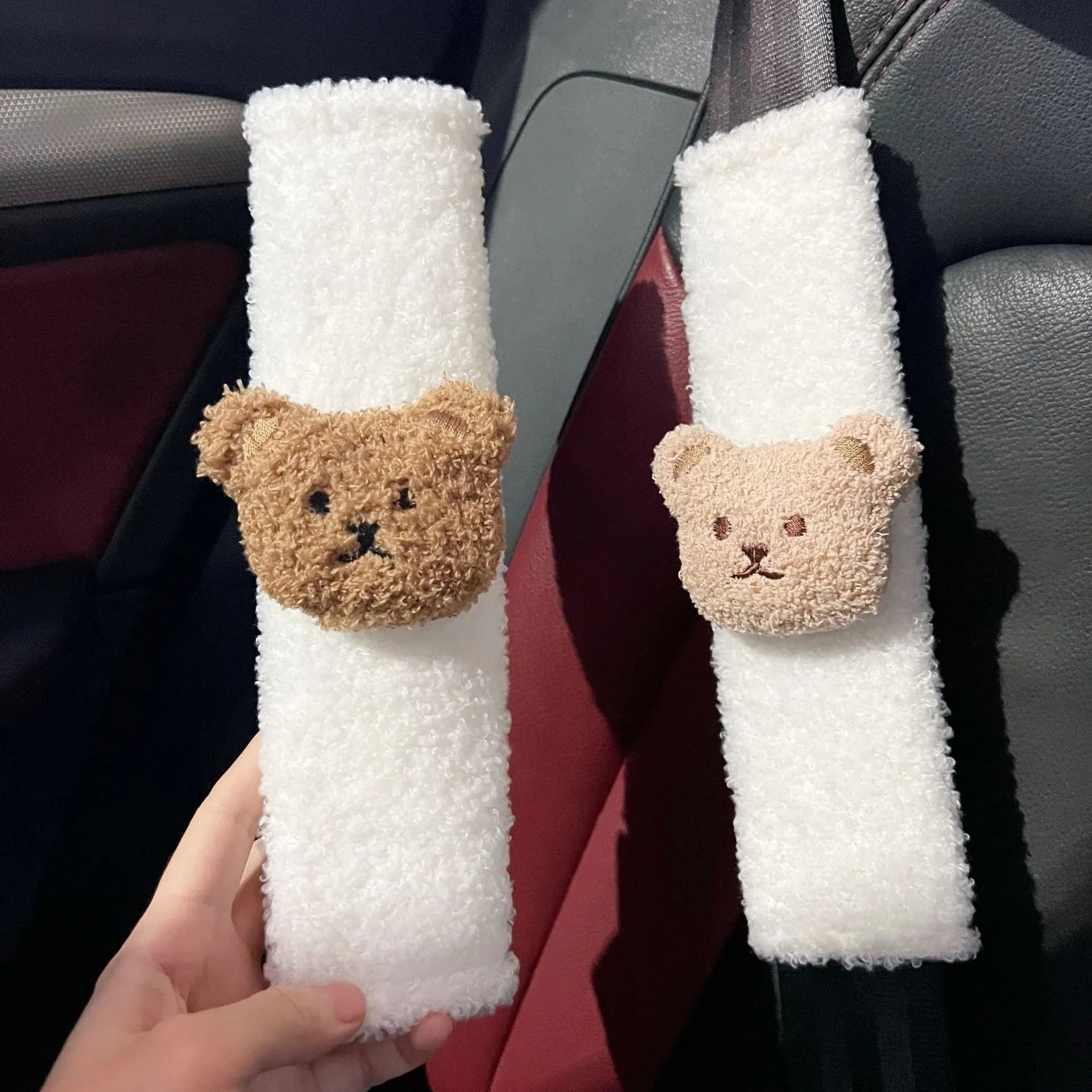 Cartoon bear plush seat belt cover for baby car seats showing khaki and coffee colour options