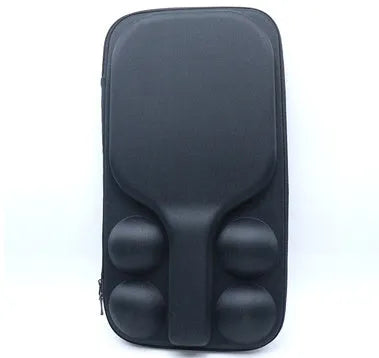 Black EVA pickleball storage case with two shoulder straps, shown with racket and balls inside.