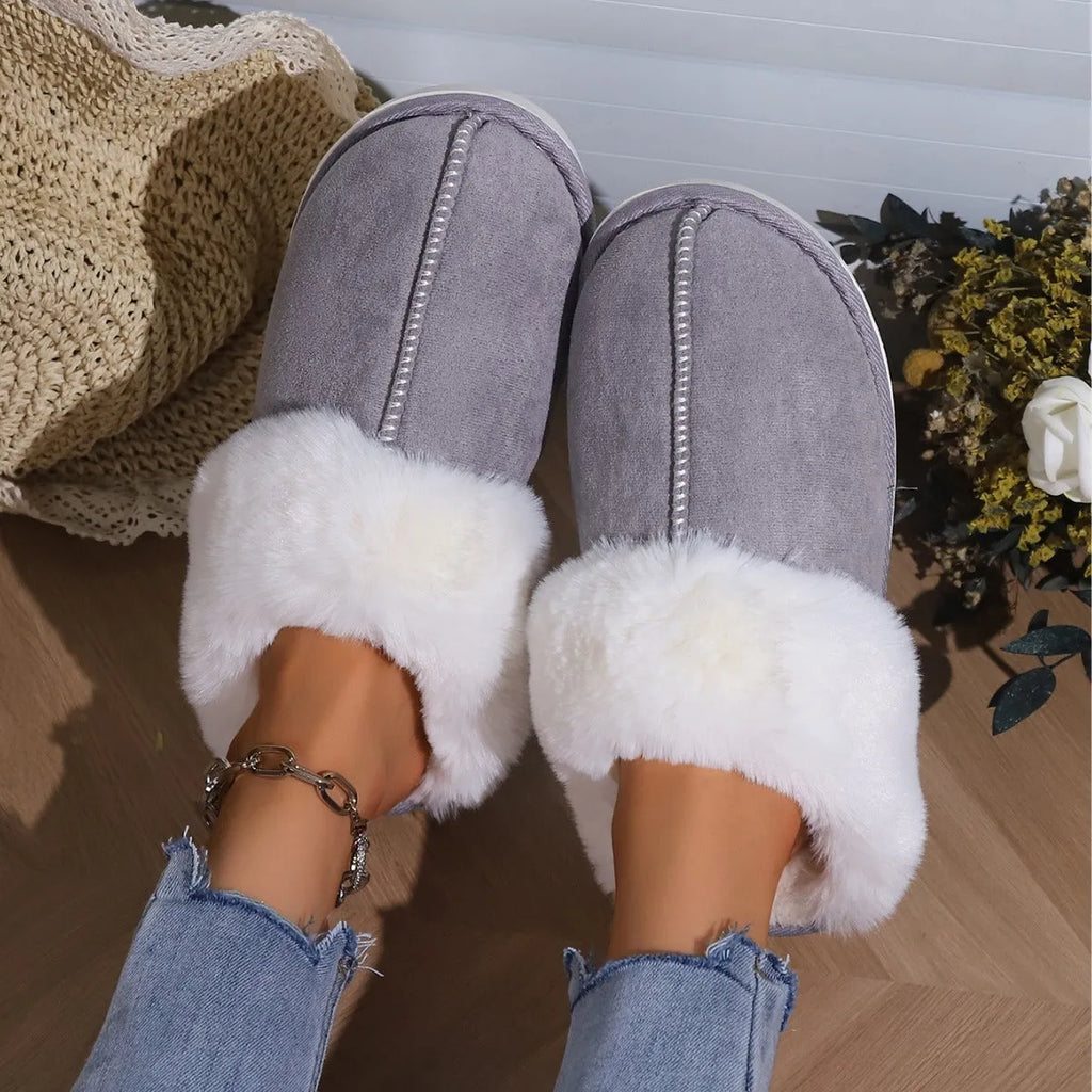 Cotton fleece-lined indoor slippers with fur toe cap in beige, flat heel, PVC sole