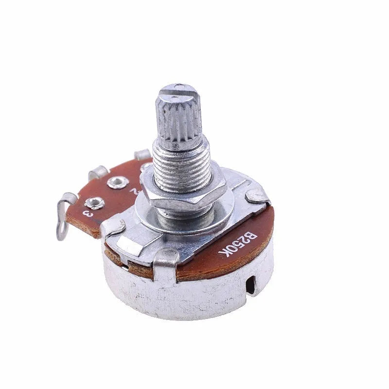 A single metal potentiometer knob for electric guitar volume and tone control.