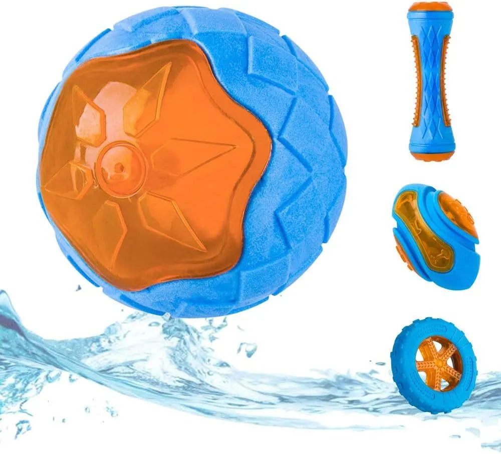Set of three floating squeaky dog toys: a ball, barbell, and tyre on a blue background.