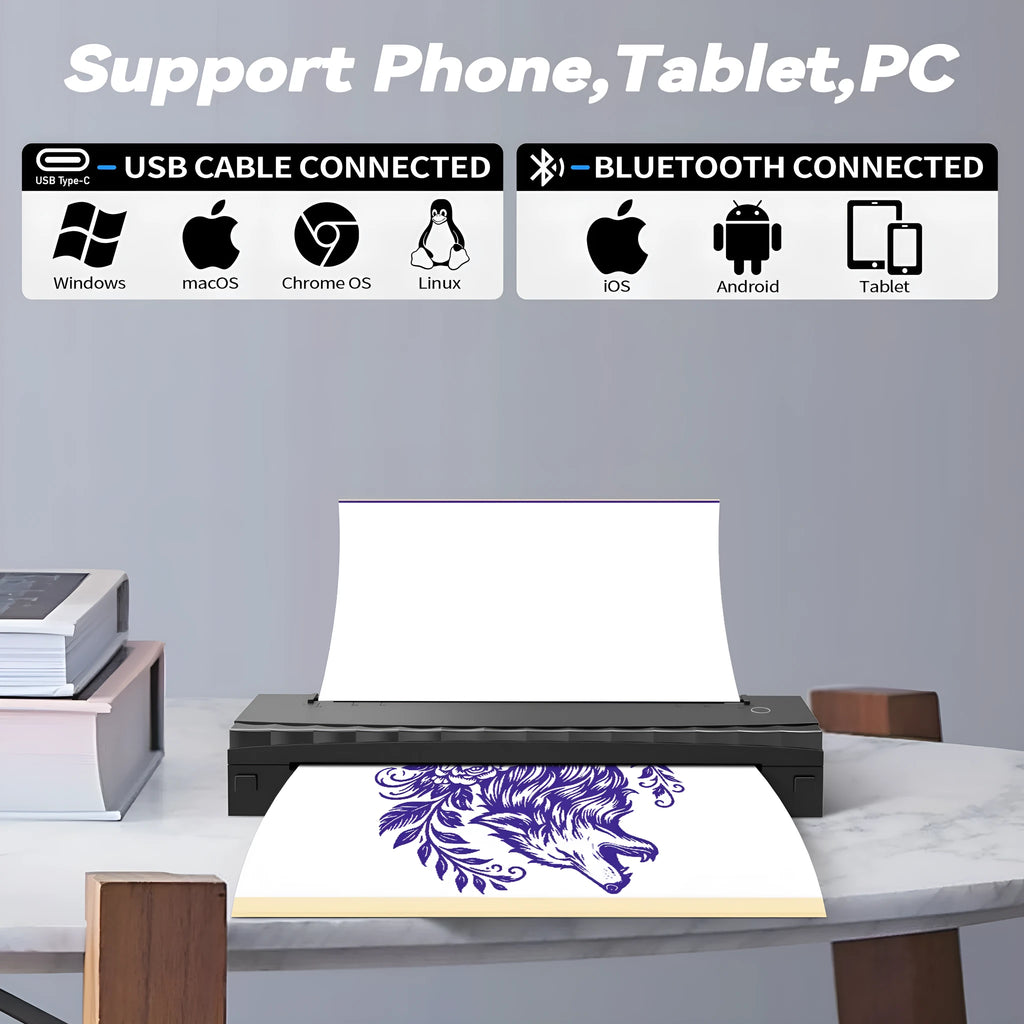 A4 Bluetooth portable mini thermal tattoo printer with 203DPI print head, 2600mAh battery and Type-C charging