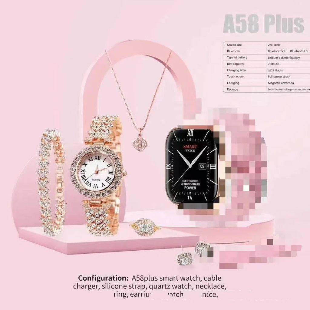 A58plus smart watch suit on wrist showing TFT touch screen, available in black, gold, silver, grey, or beige.