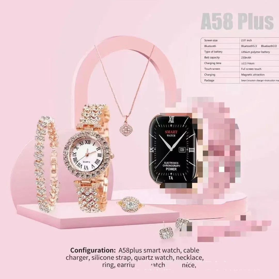 A58plus smart watch suit on wrist showing TFT touch screen, available in black, gold, silver, grey, or beige.