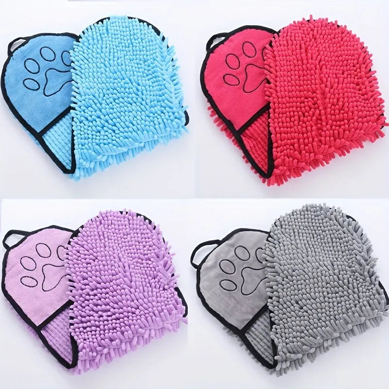 Absorbent microfiber dog towel with hand pockets in blue, purple, grey, rose, and brown, for medium large dogs