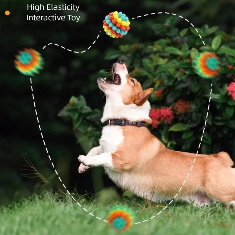 Multicolour durable rubber dog teething ball in red yellow and teal for dental cleaning and interactive play