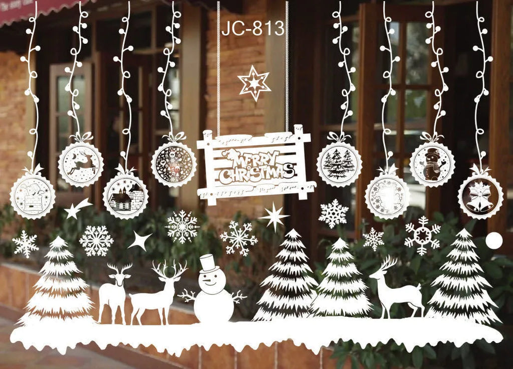 Roll of Christmas window stickers in PVC, white, with two sheets and a 50cm x 35.3cm unfolded layout.