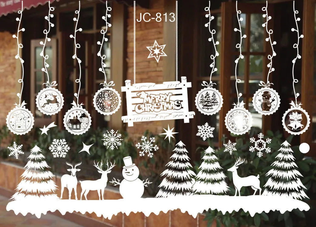 Roll of Christmas window stickers in PVC, white, with two sheets and a 50cm x 35.3cm unfolded layout.