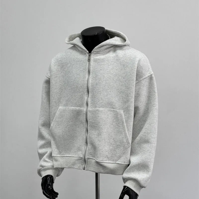 Light gray men's hooded coat with a layered back schoolbag design.