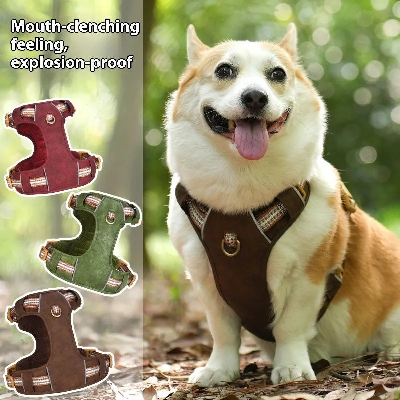Brown leather dog harness with reflective strips and adjustable chest straps for walking safety