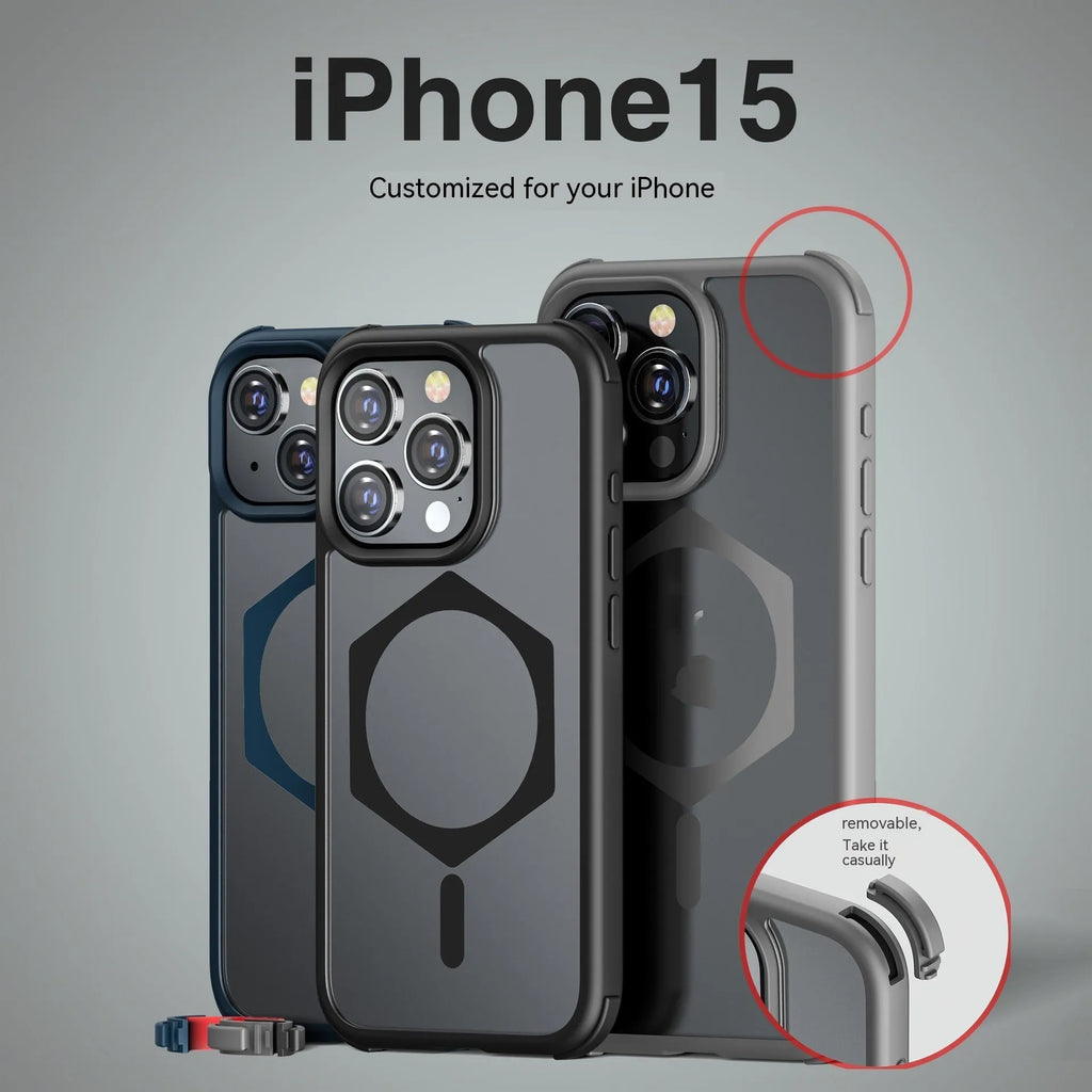 Matte frosted silicone magnetic phone case for Apple iPhone 15 series in black with five-pointed star ring design