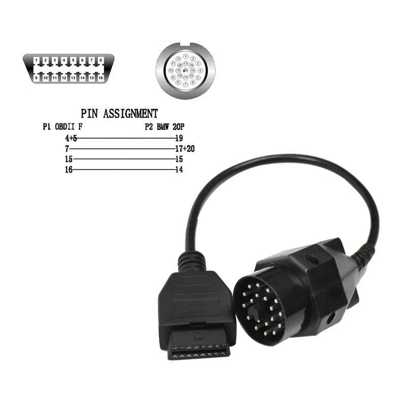 OBD2 adapter cable with a BMW 20-pin connector on one end and a standard 16-pin OBD2 connector on the other.