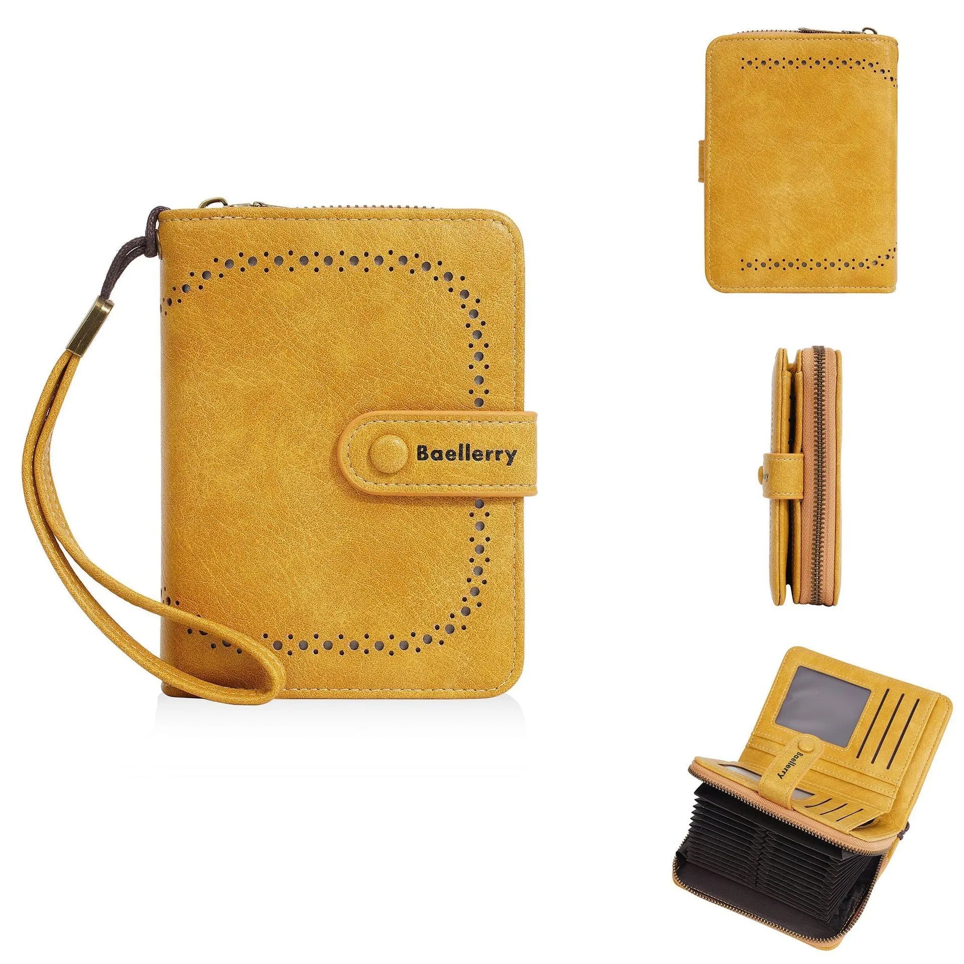 Women's black PU leather zipper coin purse with integrated card slots open showing interior