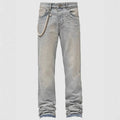 Men's straight-leg elastic diamond denim pants in light blue and black, sizes S to XL, cotton fabric.
