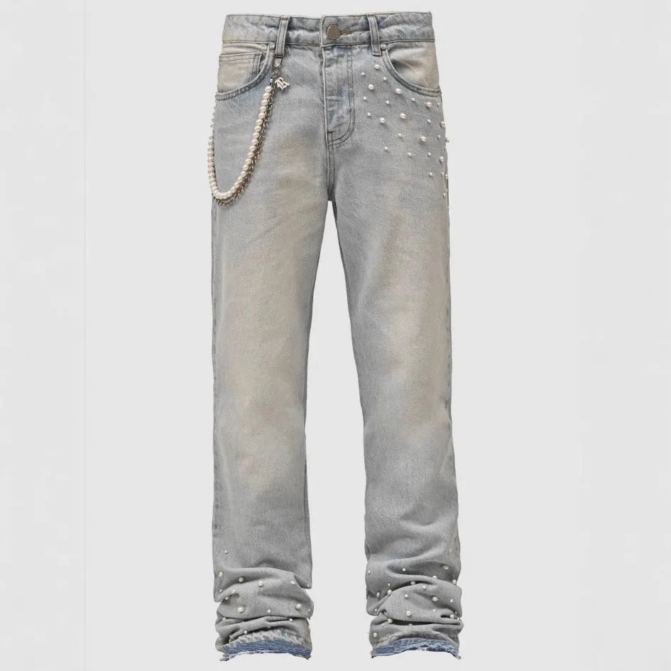 Men's straight-leg elastic diamond denim pants in light blue and black, sizes S to XL, cotton fabric.