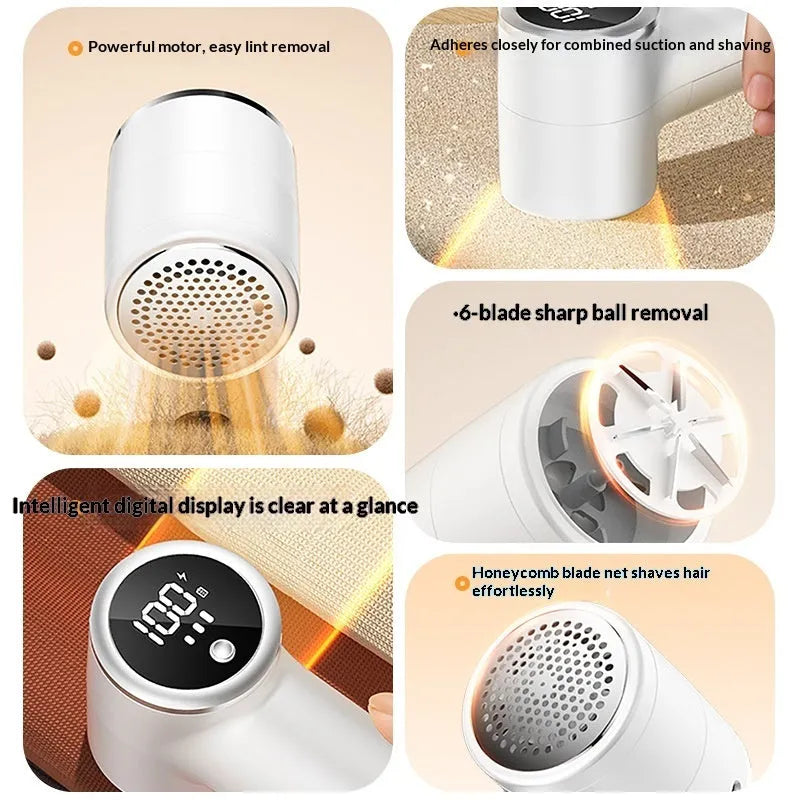 Fur ball trimmer with digital display in ivory white ABS, shown with Type-C cable, spare blade, and cleaning brush