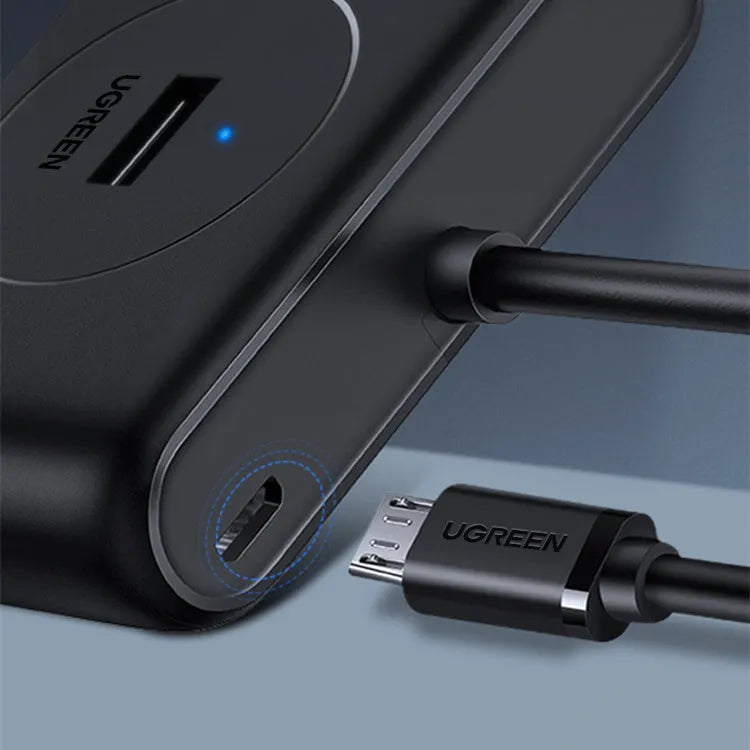 Deep black USB one-to-four splitter with GL3510 chip, ABS shell and Micro USB power port, 25cm to 200cm