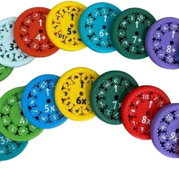 Nine plastic math fidget spinners in two colour sets for addition subtraction and multiplication division