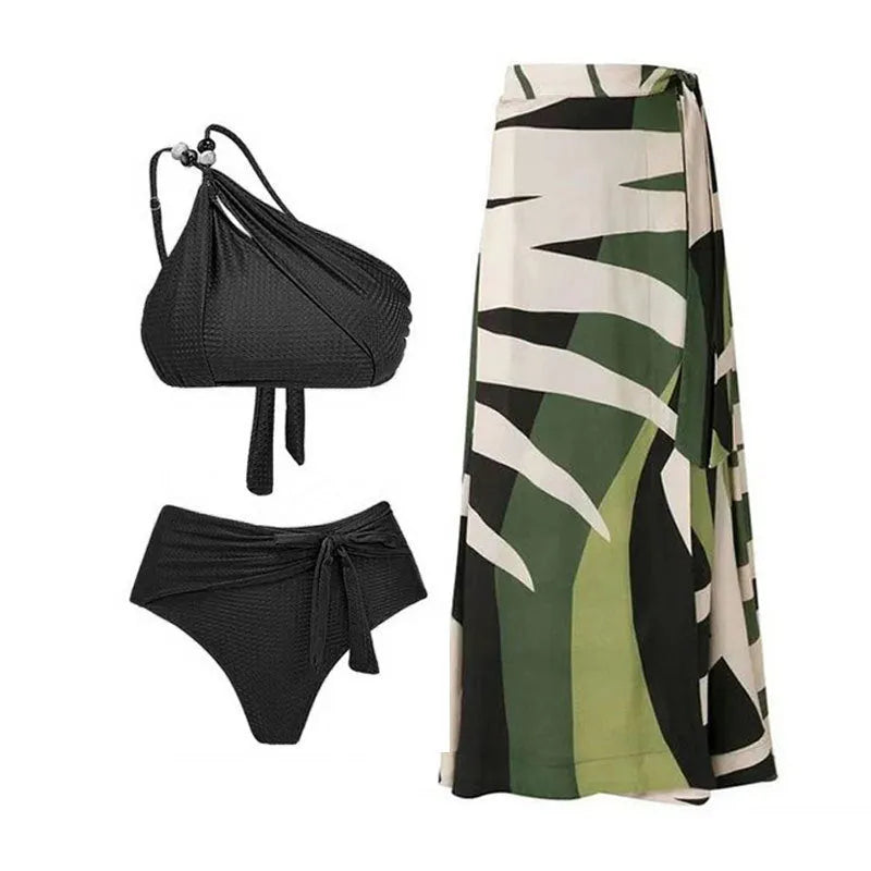 Women's brown high waist bikini with a sheer chiffon dress overlay attached.