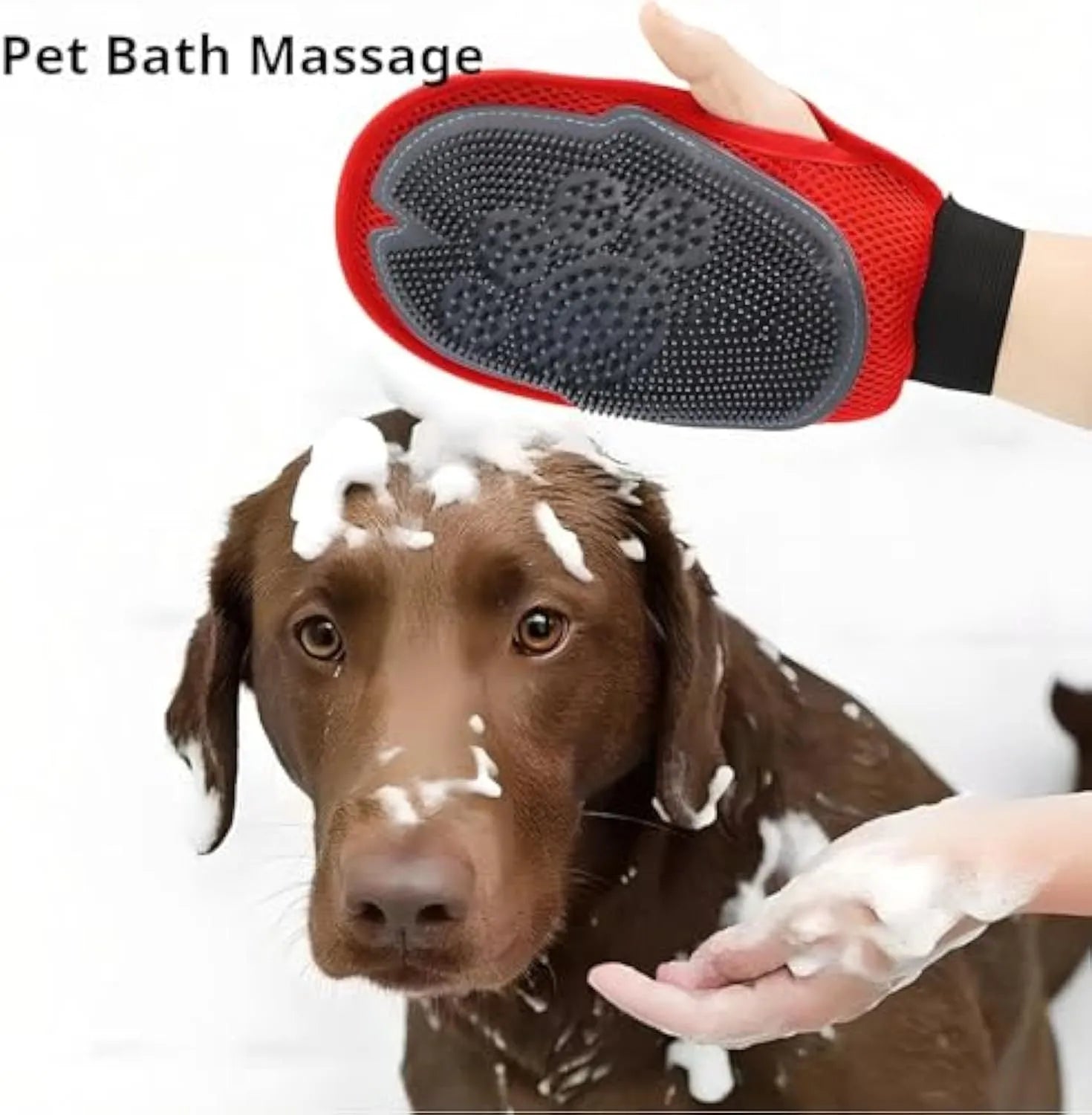 Red silicone pet bathing glove with integrated brush texture for washing dogs and cats