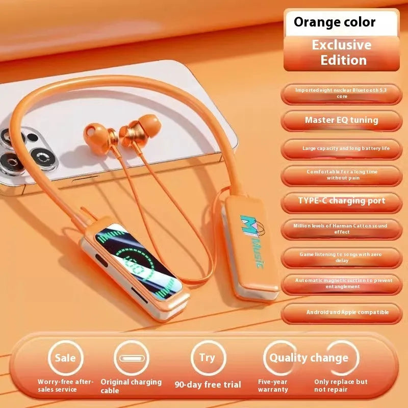 Neck-mounted wireless Bluetooth headset with digital display, in black, skin colour, or orange, PC ABS construction