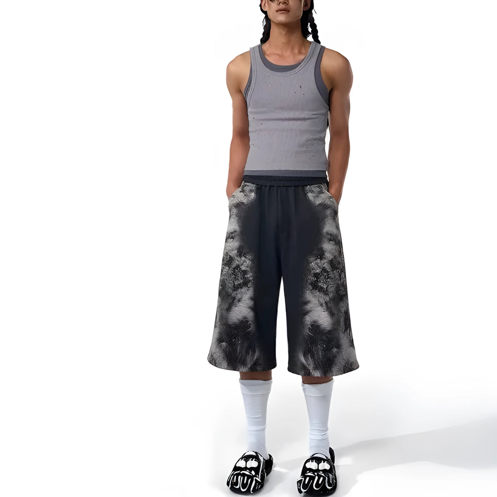 Women's loose fit printed tracksuit set including a hoodie, full-length trousers, and matching seven-inch shorts.