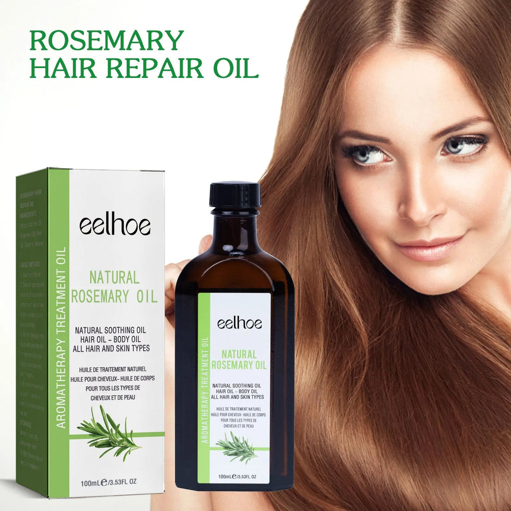 Rosemary hair care essential oil in a 100ml bottle, measures 3.5 x 5.8 cm, for anti-frizz and hair softness