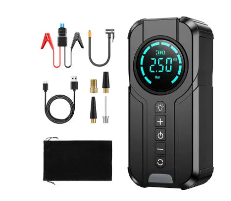 Black wireless car tyre inflator with digital display, battery, and accessories including nozzles and carry bag.
