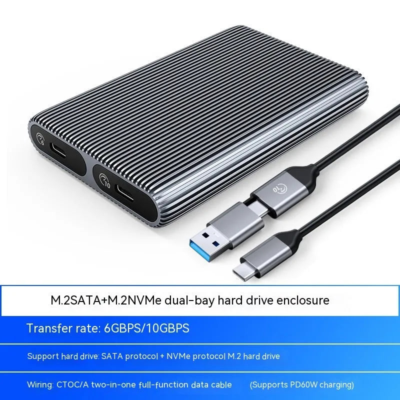 Aluminium alloy external SSD enclosure for M.2 SATA and NVMe drives with two-in-one data cable