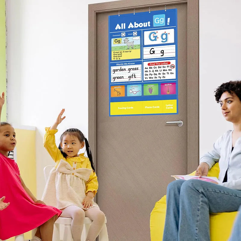 Alphabet learning chart with word cards, letter cards, and picture cards for early childhood education