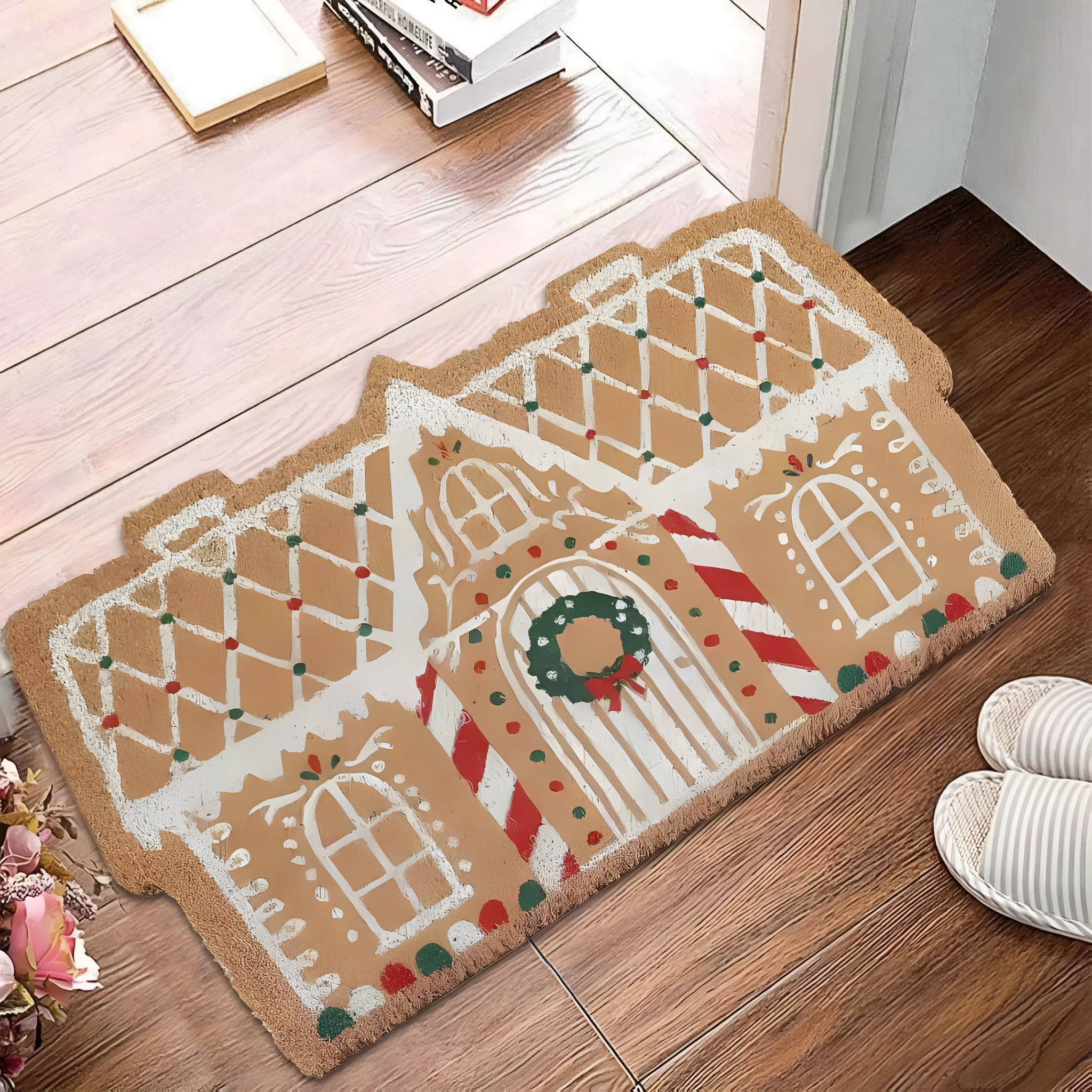 Printed red and green Christmas themed hallway runner mat with anti-slip backing.