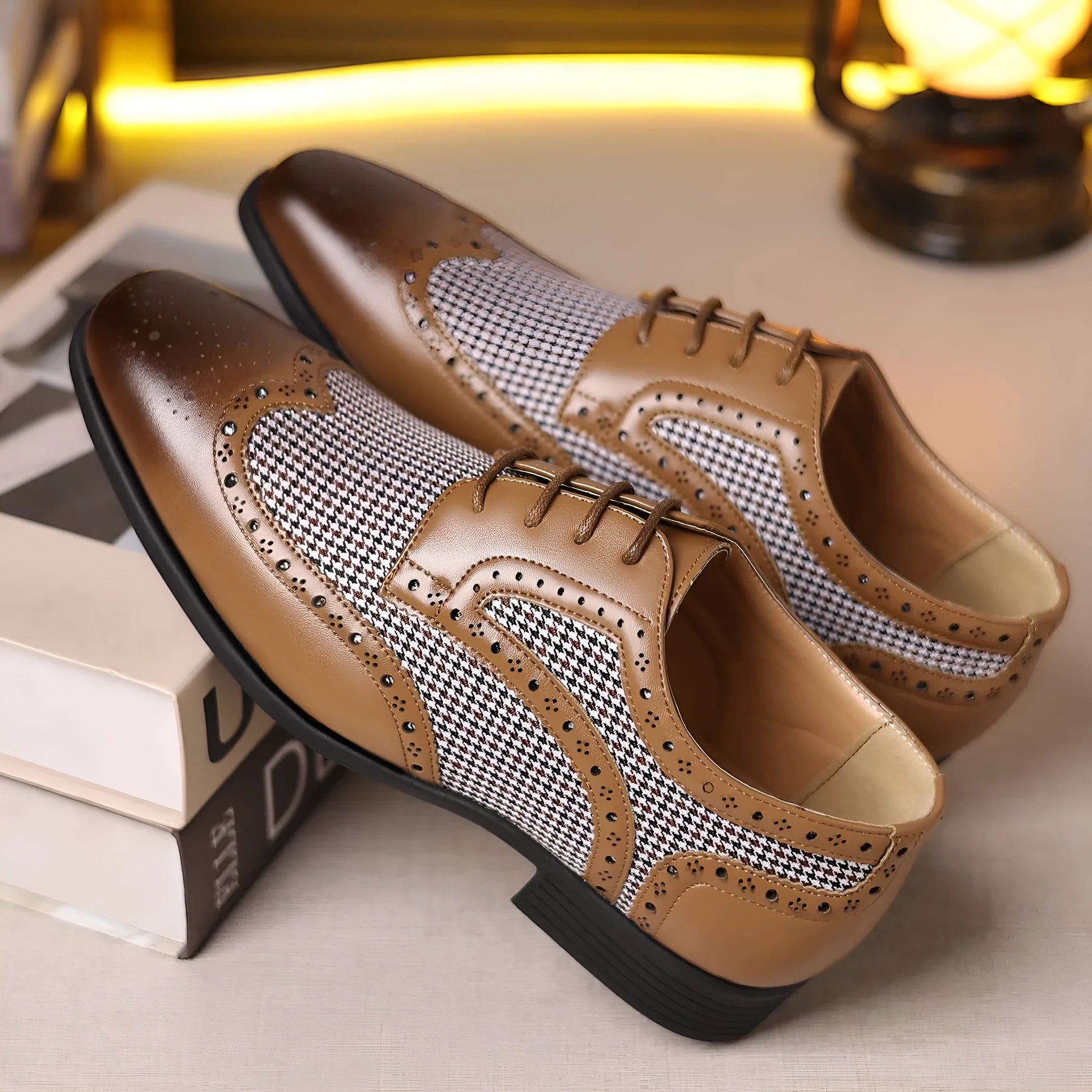 Men's black houndstooth plaid casual shoes with lace-up front and rubber sole on a white background.