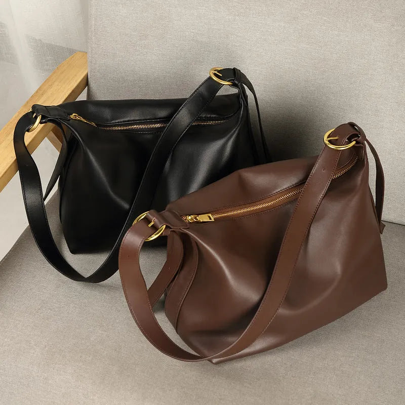 Black litchi grain genuine leather cowhide crossbody underarm bag with open outer pocket and stitching