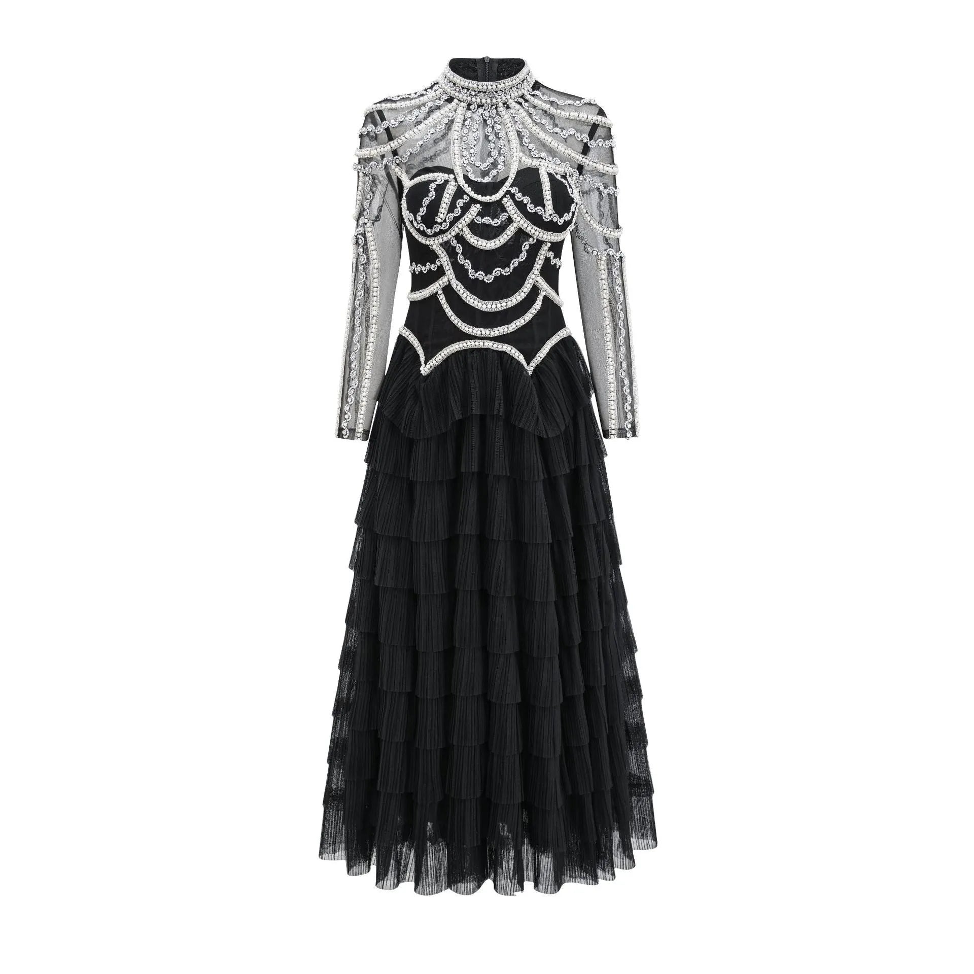 Black long sleeve women's dress with beaded decoration and a long skirt.