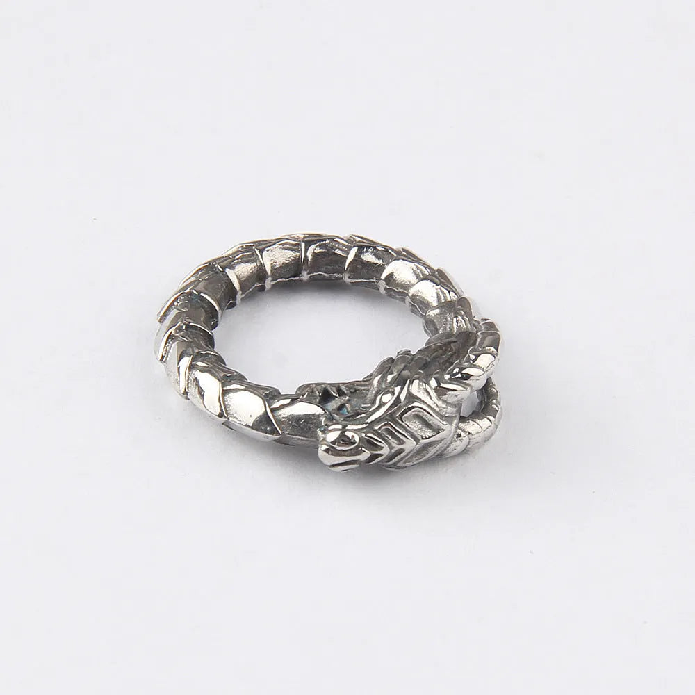 Stainless steel dragon ring in steel colour with Norwegian myth ethnic style design, unisex sizes 7 to 13