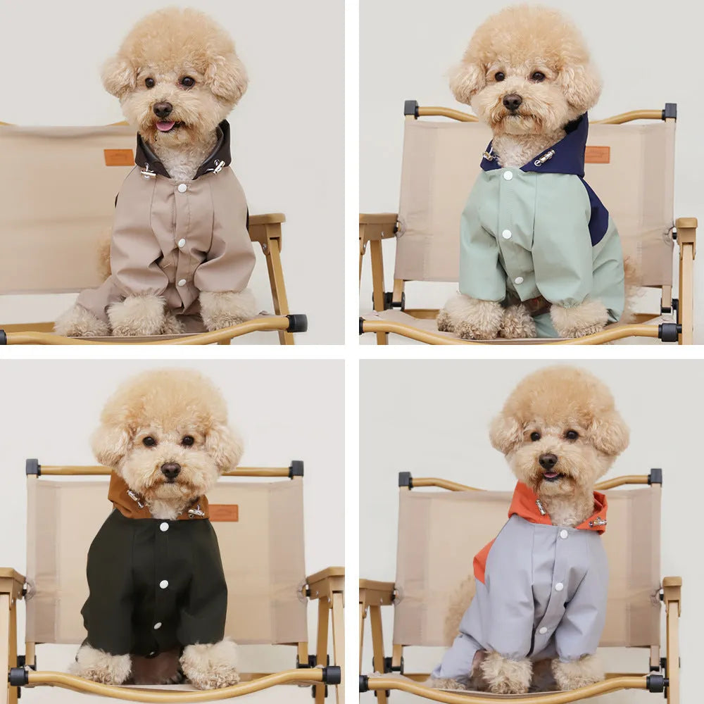 Khaki coloured waterproof shell jacket on a medium-sized dog, showing British-style fit.