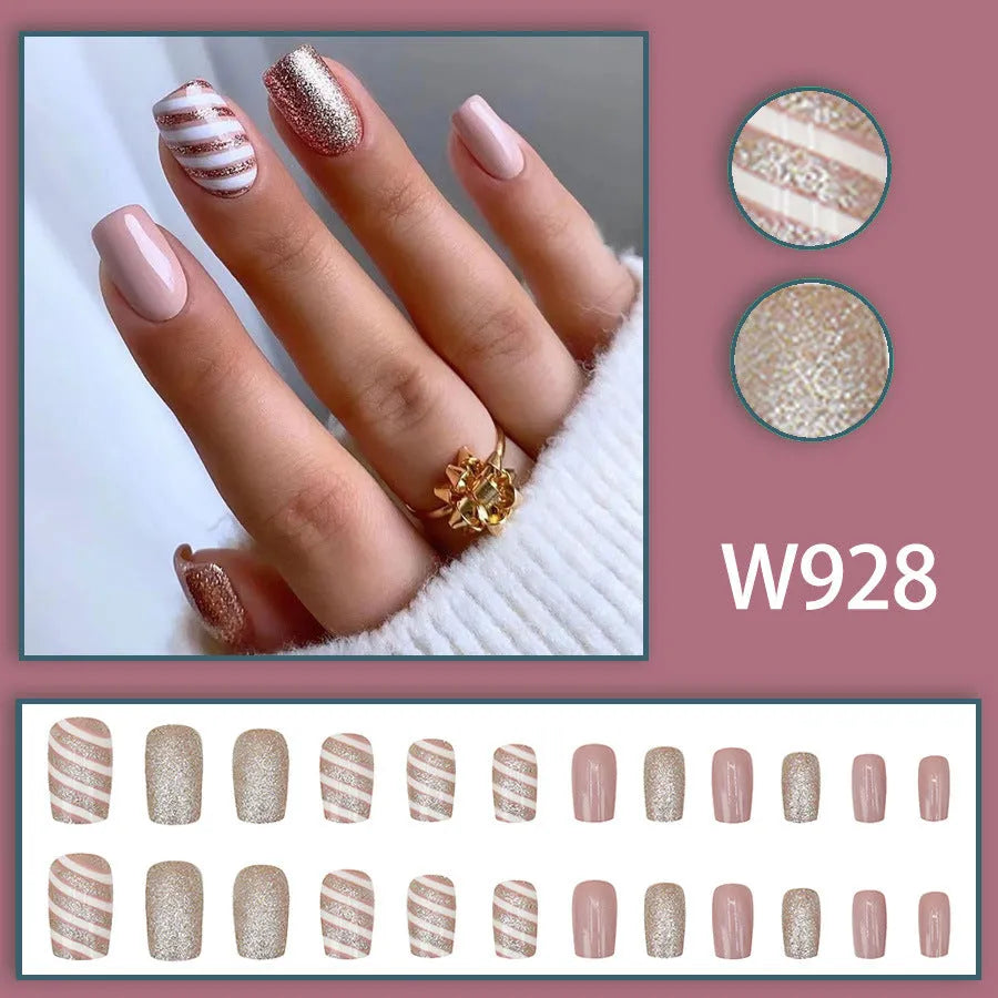 Flower pattern plastic nail art tips set with glue W928 for ladies mid-length wearable style