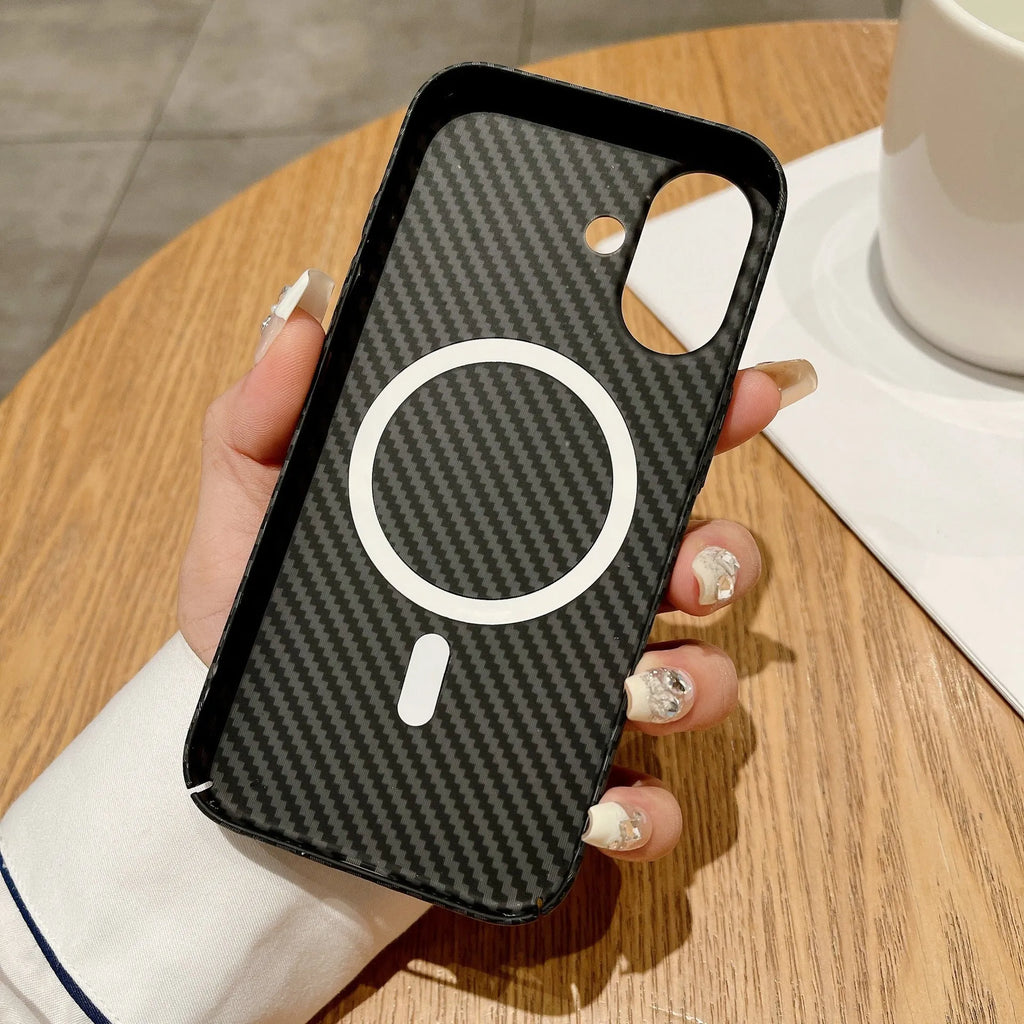 Carbon fibre magnetic phone case for iPhone 16 Pro Max, black and red contrast, frosted lattice pattern, PC material