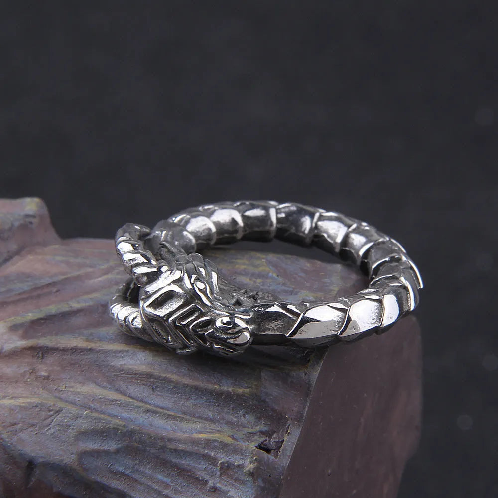Stainless steel dragon ring in steel colour with Norwegian myth ethnic style design, unisex sizes 7 to 13