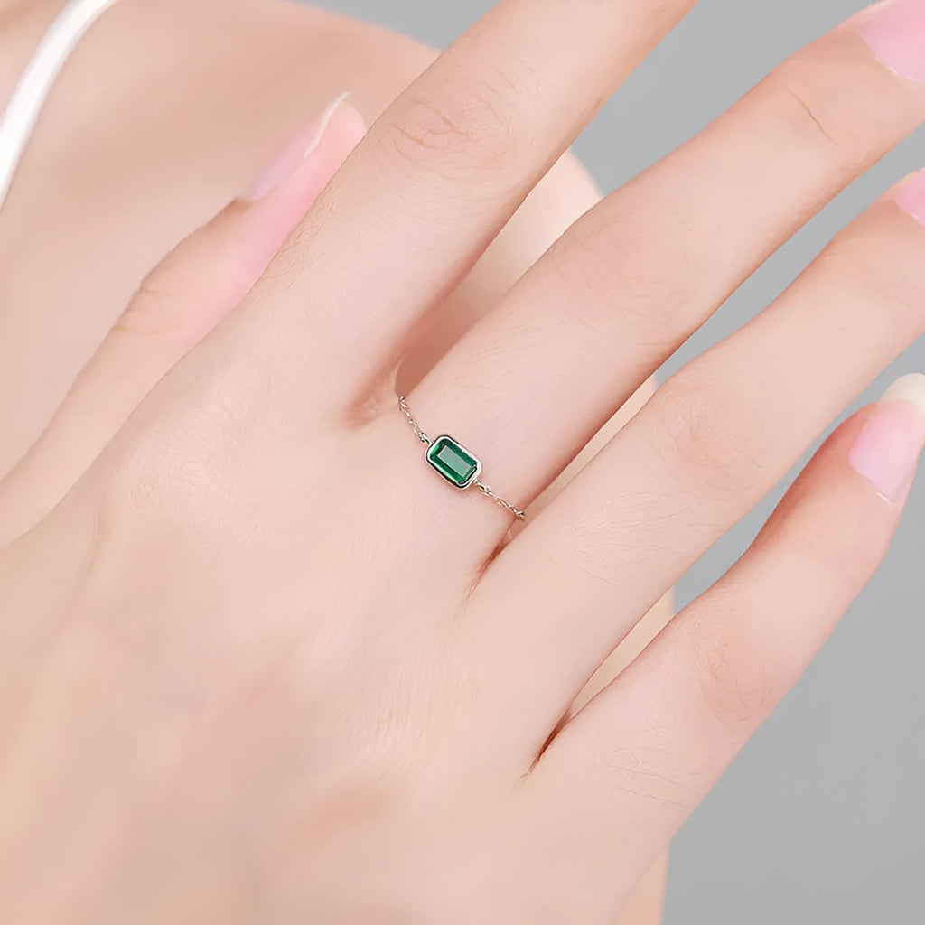S925 sterling silver inlaid zircon ring with geometric chamfered square pattern and adjustable opening
