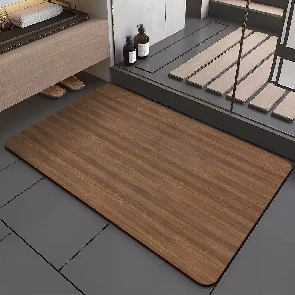 Square American wood grain geometric pattern diatom ooze bathroom floor mat on tiles.