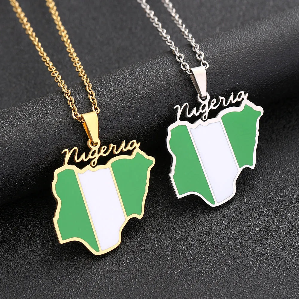Stainless steel Africa Nigeria map pendant necklace with dripping oil finish on a white background