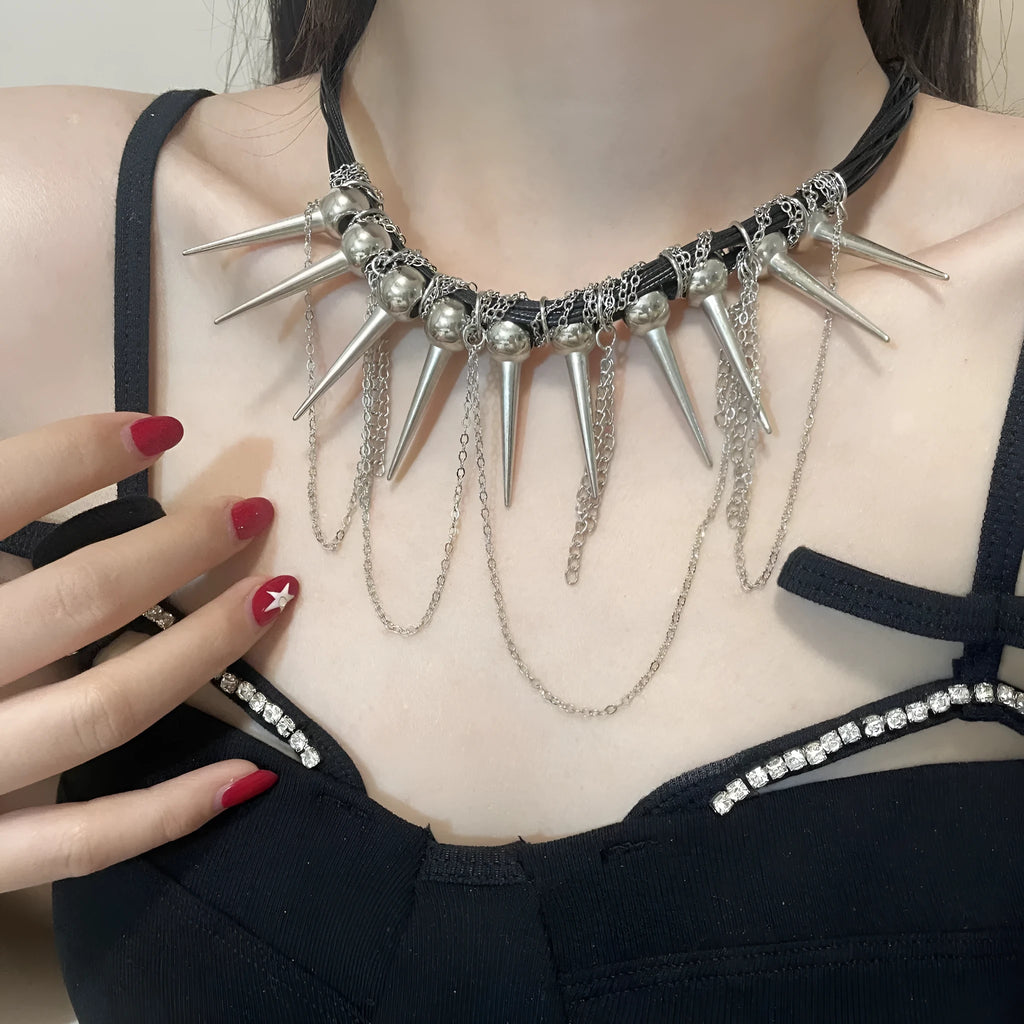 Leather necklace with winding tassel, round beads, and point rivet detailing for women