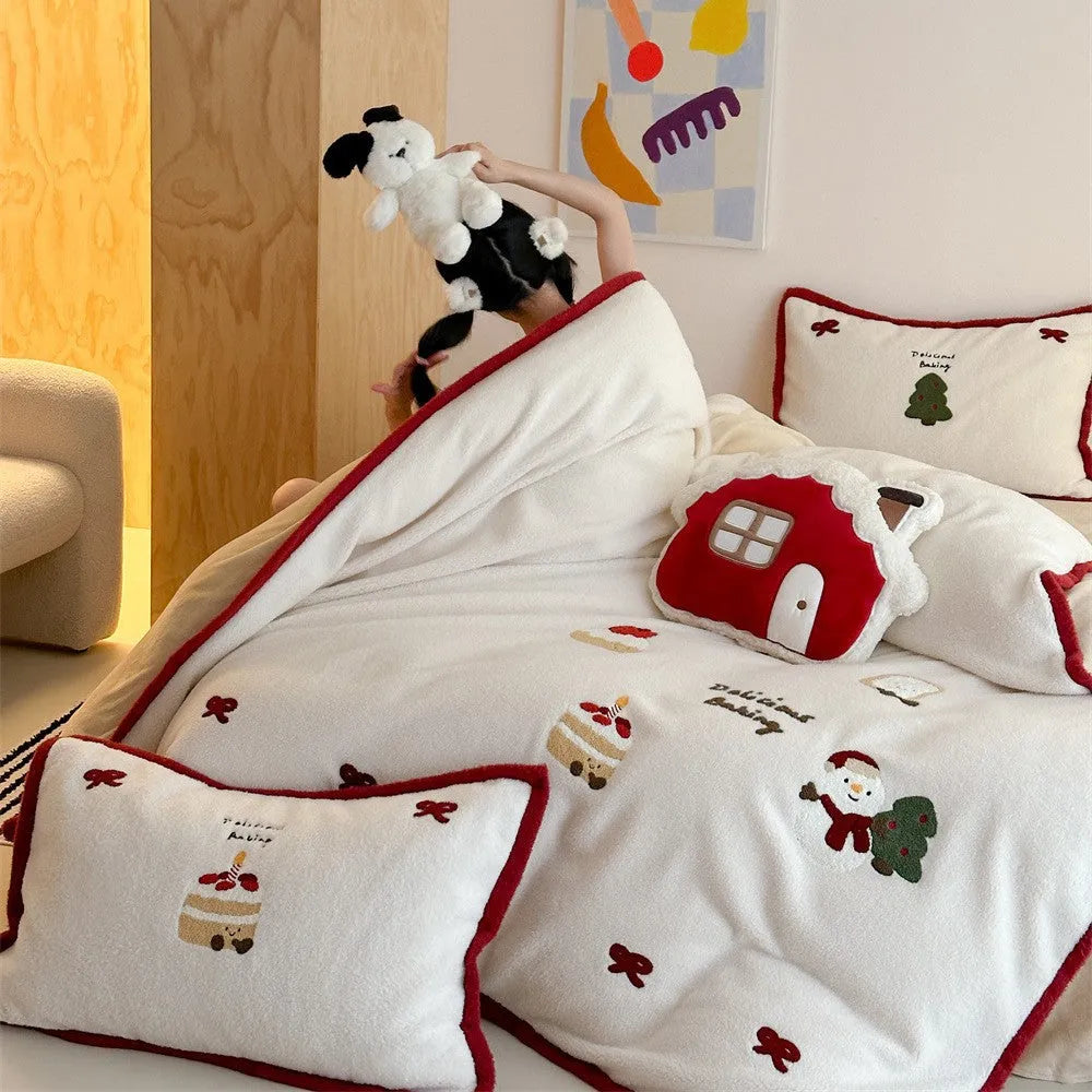Christmas cartoon bed linen four-piece set with girl's heart design in Xuefu Milk Pastry colours